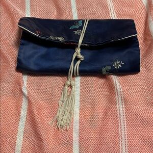 Asian Satin Silk Travel Jewelry Roll Zippered Compartments Pouch Storage blue